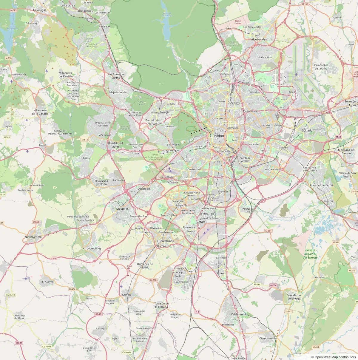Mapa del sur y el oeste de Madrid con las tres zonas en las que trabajamos: Madrid capital, zona sur y zona noroeste.
