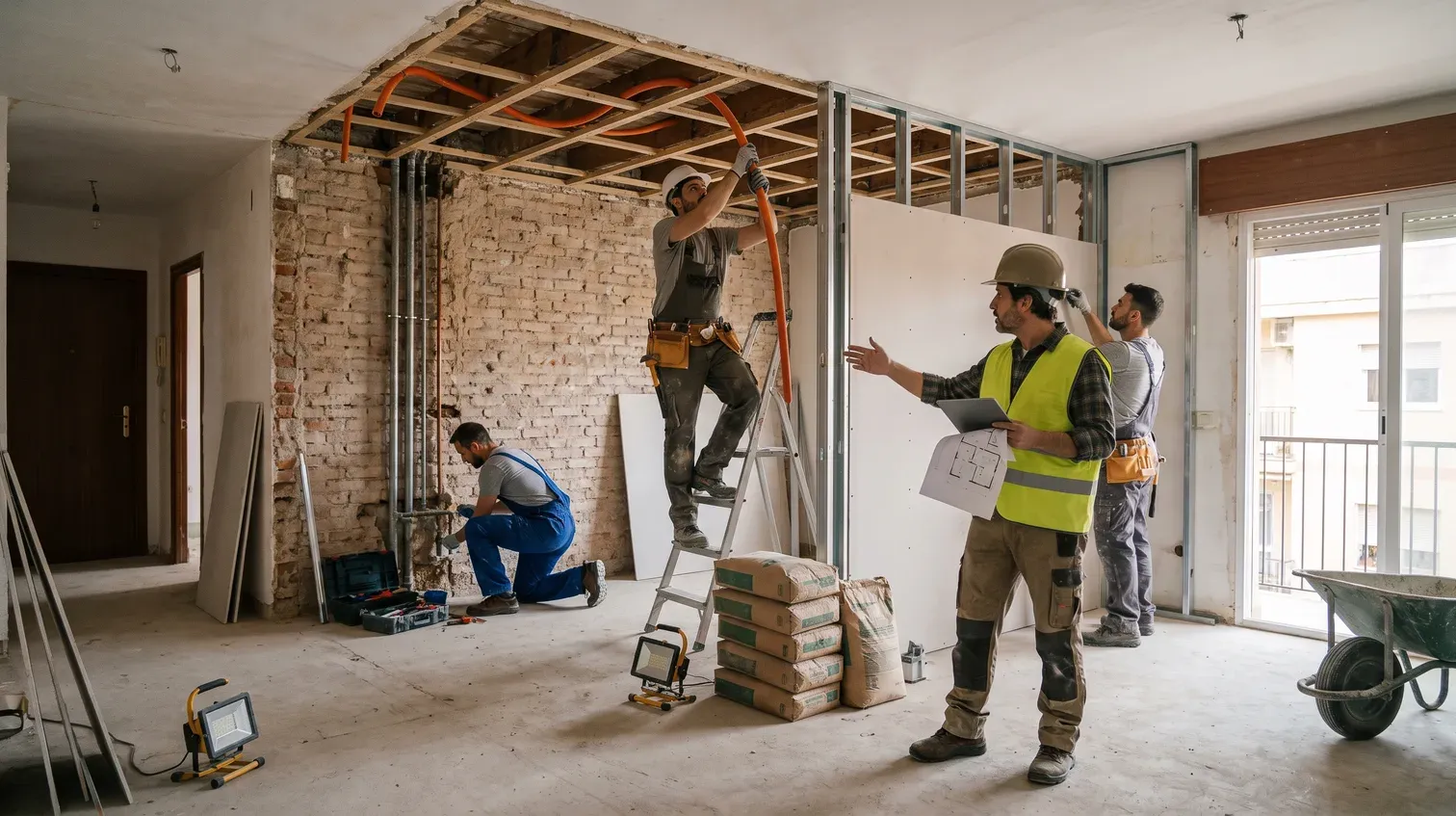 Electricista, fontanero, montador de pladur y jefe de obra trabajando a la vez en una reforma integral en Córdoba