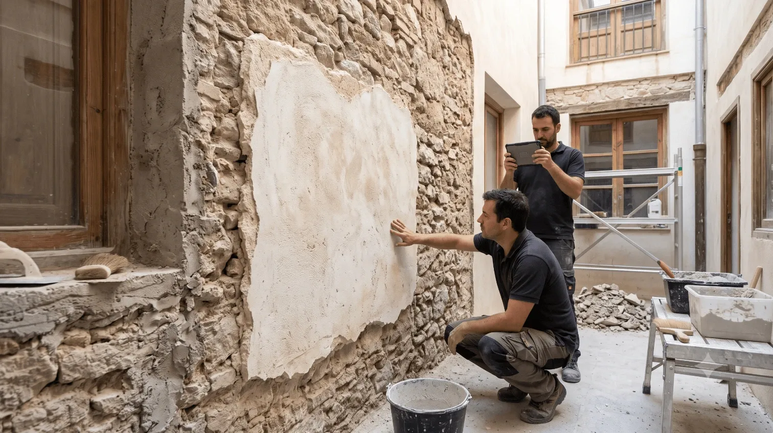 Revoco de cal antiguo descubierto durante la rehabilitación del patio del proyecto PROY-024